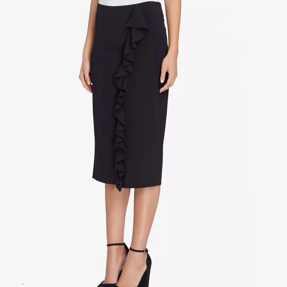 Tahari Carly Ruffle-Accented Black Pleat Pencil Midi Skirt Size‎ 6 - NWOT